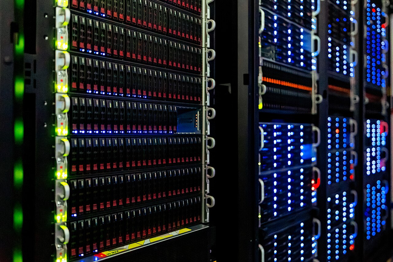 Rows of servers with indicator lights