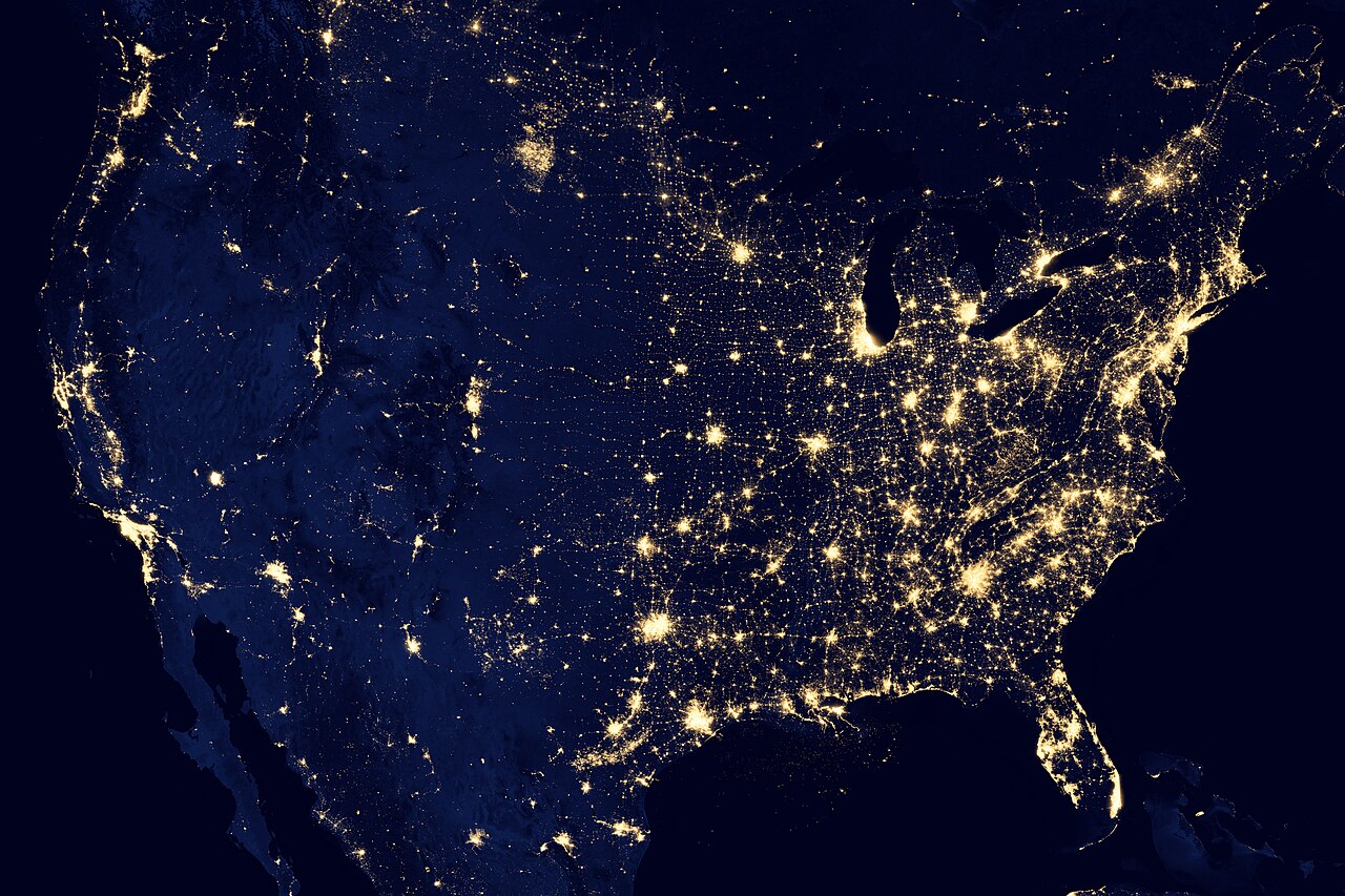 Satellite view of city lights across a continent